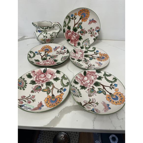 Vtg Dutch Wax Anthropologie Hand-painted Ceramic Lunch Plates-6 & 1 Pitcher - Picture 1 of 10